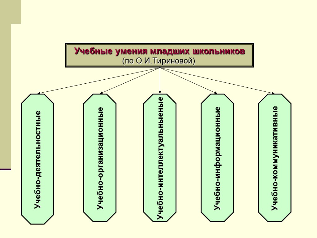 Учебные умения младших школьников (по О.И.Тириновой) Учебно-деятельностные Учебно-организационные Учебно-интеллектуальныеные Учебно-информационные Учебно-коммуникативные